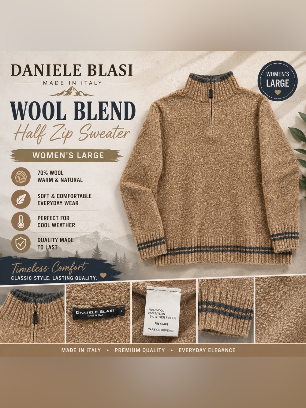 Daniele Blasi Italy 70% Wool 1/4 Zip Sweater Women’s L Brown Made in Italy